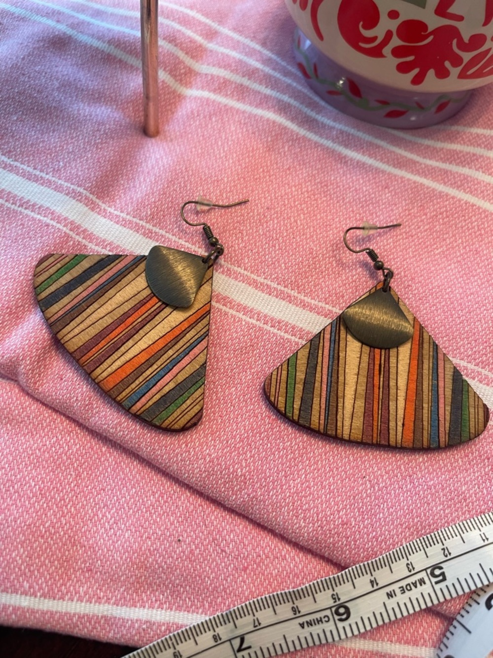 Triangle Multicolor Striped Wooden Drop Earrings - Casual Colorful Style